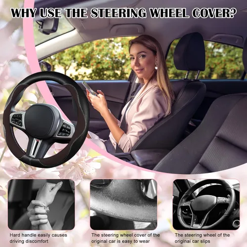 Vista 4 de SuperKaKa Funda marrón para volante de automóvil, universal, de poliuretano, bonita, transpirable, antideslizante, cómoda, protector de piel