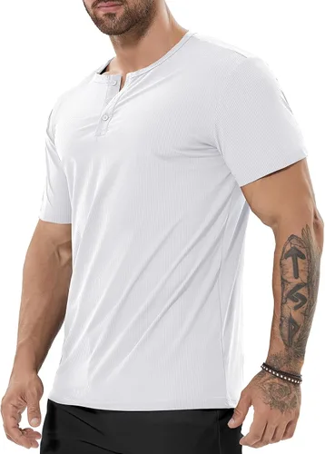 Vista 2 de Camisa Henley de ajuste seco para hombre, ropa de gimnasio, camiseta de entrenamiento de manga corta, camiseta atlética clásica y casual