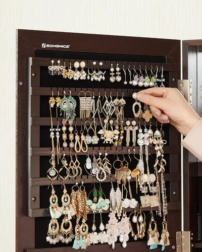 Vista 8 de SONGMICS Armario de joyería giratorio de 360 organizador de joyas con cerradura con espejo de longitud completa estantes de almacenamiento traseros
