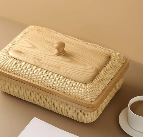 Vista 2 de Rectangular con tapa hecha a mano Nantucket cesta bastones de caña finamente tejida para el hogar, cestas de almacenamiento y contenedores Artes