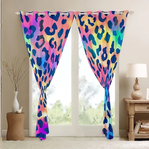 Vista 4 de Feelyou Cortinas de ventana de leopardo para decoración de dormitorio, cortina de guepardo africano, diseño de leopardo arcoíris, cortinas de Multi