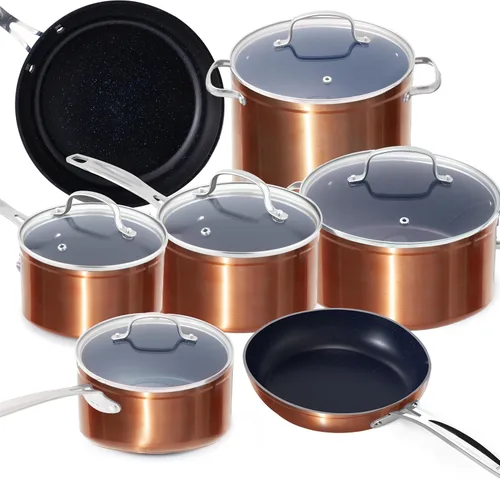 Vista 26 de Nuwave - Juego de 12 utensilios de cocina forjados y ligeros, revestimiento ultra antiadherente de cerámica Duralon G10 saludable, tapas de vidrio