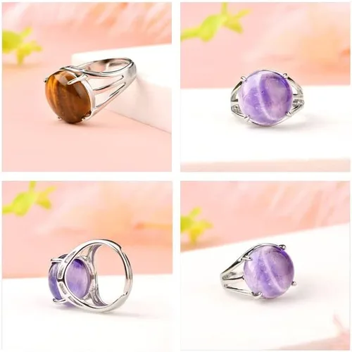 Vista 4 de TripleHub Juego de 5 anillos de piedra natural, vintage, tibetano, ajustable, curativo, de cristal, para mujeres y hombres, accesorios de joyería a