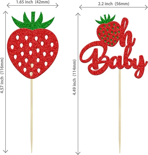 Vista 2 de 24 piezas de decoración de cupcakes con purpurina de fresa Oh Baby con temática de frutas, baby shower, para revelación de género, baby shower