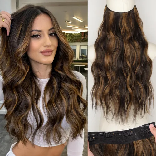 Vista 74 de KooKaStyle - Extensiones de cabello con hilo invisible, diadema transparente, ajustables, 4 clips fijadores, cabello largo y ondulado de 12