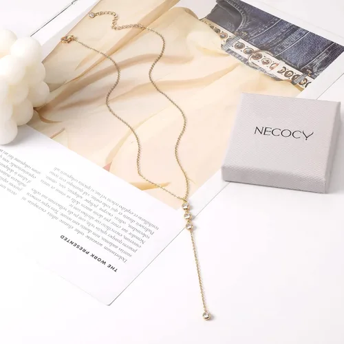 Vista 7 de Necocy Collares largos de oro para mujer collar de oro delicado chapado en oro de 14 quilates collar de gota simple collar de oro de moda