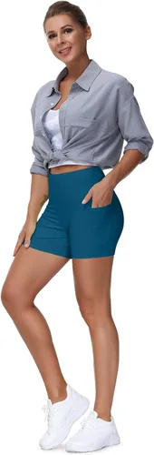 Vista 8 de THE GYM PEOPLE - Pantalones cortos de yoga para mujer, con cintura alta, control de abdomen y bolsillos profundos, para gimnasia, entrenamiento