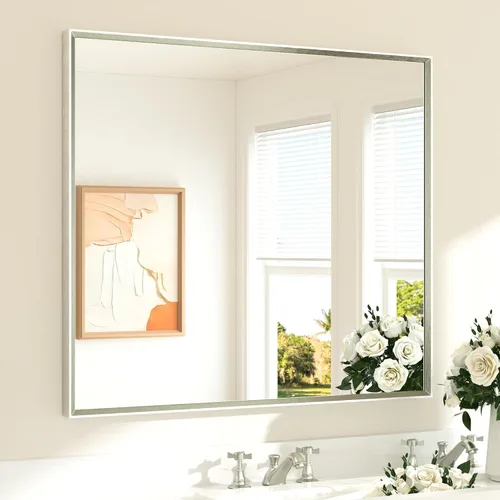 Vista 86 de TETOTE Espejo de baño dorado cepillado de 20" x 30", espejo de tocador de baño rectangular de latón dorado cepillado con marco biselado para sobre