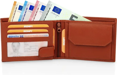 Vista 4 de KRONIFY Men's Leather Wallet RFID Blocking Bifold Trifold Wallet Landscape Format Coin Pocket 13 Card Slots Reinforced Seam Gift Box Included