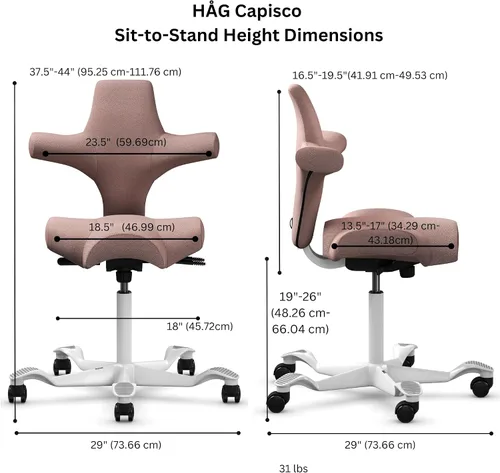 Vista 3 de HAG Capisco Sit to Stand - Silla de pie con marco blanco, tapizado, color rosa rubor Pink Blush