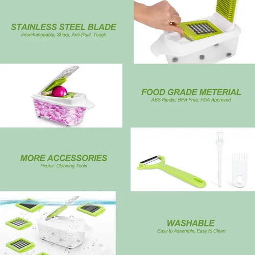 Vista 4 de Picadora de alimentos con 5 cuchillas, picadora de cebolla, picadora de frutas y verduras y verduras, verde claro