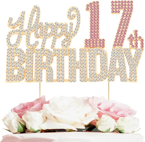 Vista 12 de Decoración de pastel de diamantes de imitación rosa y plateado con texto en inglés "Cheers to 11 Years Old Eleven Bday" de metal brillante