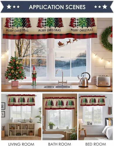 Vista 6 de Cortina de cenefas para cocina, cafetería, cenefa retro para ventana de árbol de Navidad, 1 panel, cortinas cortas de 42 x 12 pulgadas, bolsillo