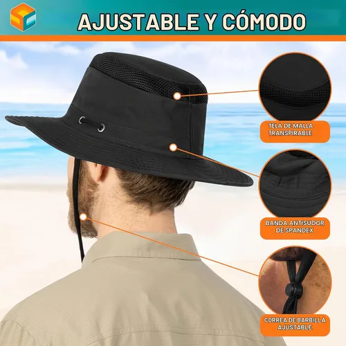 Vista 4 de SUN CUBE Sombrero de ala ancha para hombres y mujeres, protección UV UPF 50+, sombrero de safari Boonie con correa para la barbilla, bolsillo Negro