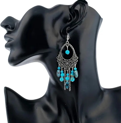 Vista 3 de Juego de 3 piezas de turquesa un collar turquesa un par de aretes de borla con dije de turquesa una pulsera elástica de color turquesa para mujer