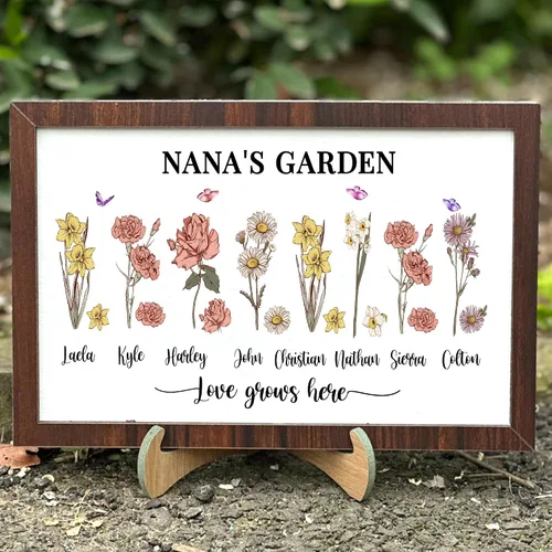 Vista 34 de Nazenti Letrero personalizado con marco de jardín de la abuela con nombres de nietos y flor de nacimiento para regalo del día de la madre, regalos