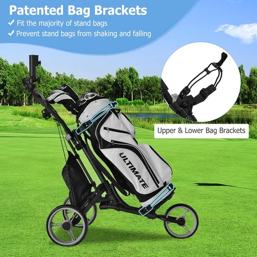 Vista 5 de Tangkula Carrito de golf de empuje, carrito de empuje plegable de aluminio ligero de 3 ruedas, carrito de golf con correa elástica, paraguas y Gris