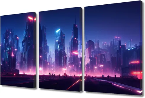 Vista 36 de Arte de pared de 3 piezas de escena de ciencia ficción de la calle comercial futurista paisaje urbano, decoración de pared para dormitorio