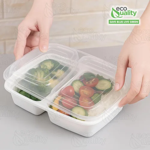 Vista 5 de EcoQuality Paquete de 25 recipientes blancos para preparación de comidas, 2 compartimentos con tapas, caja Bento para almacenamiento de alimentos