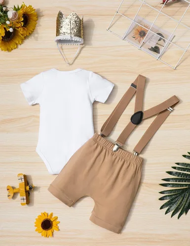 Vista 5 de DONWEN Conjunto de ropa de medio cumpleaños para bebé niño 12 Way to One con corbatín y tirantes cortos