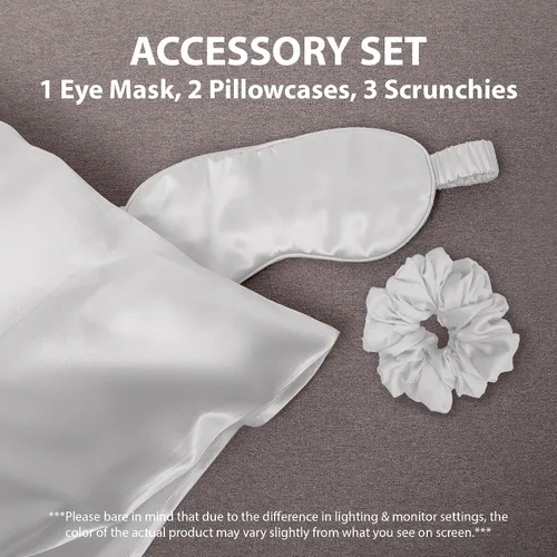 Vista 2 de Cathay Home Juego de accesorios de ropa de cama de satén, fundas de almohada, máscara de ojos, coleteros, suave como la seda, resistente a las Blanco