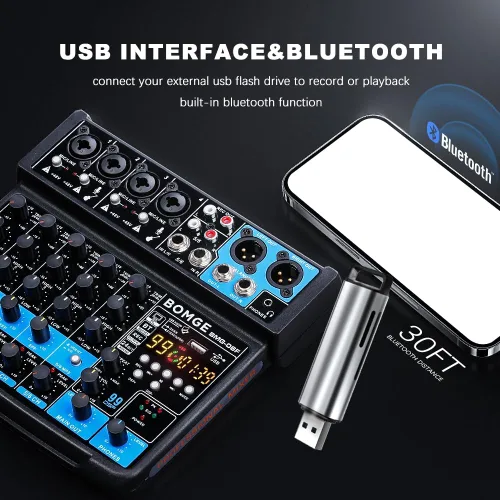 Vista 2 de BOMGE Consola mezcladora de sonido mini DJ Audio de 6 canales con interfaz USB, Bluetooth, grabación estéreo, alimentación fantasma de 48V, 99