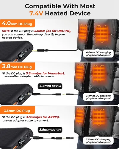 Vista 3 de Glaais Paquete de batería de chaleco térmico de 5 V, 7.4 V, 16000 mAh, compatible con ORORO, pantalla LED, batería para chaleco calefactable