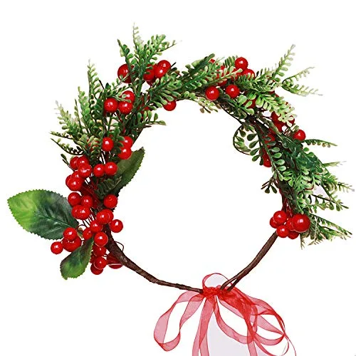 Vista 4 de Diadema de corona de Navidad con bayas rojas, corona de hojas verdes, guirnalda para fiesta de boda en el bosque, corona de pelo para mujeres