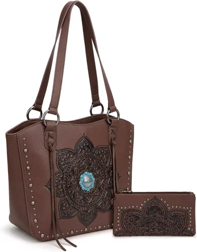 Vista 8 de Montana West Western Tooling Tote Bag with Wallet Set for Women Vintage Studded Top Handle Shoulder Handbag Negro floral