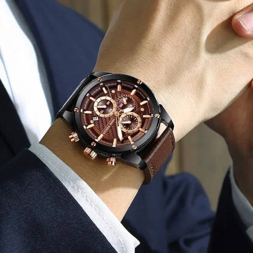 Vista 2 de Reloj de pulsera casual para hombre multifuncionalimpermeableluminosocalendario correa de cuero para hombre