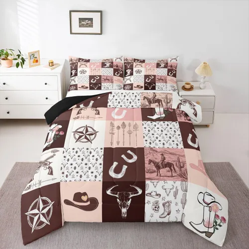 Vista 30 de Juego de edredón de vaquero individual, ropa de cama occidental para niños y hombres, ilustración dibujada a mano de caballo americano salvaje