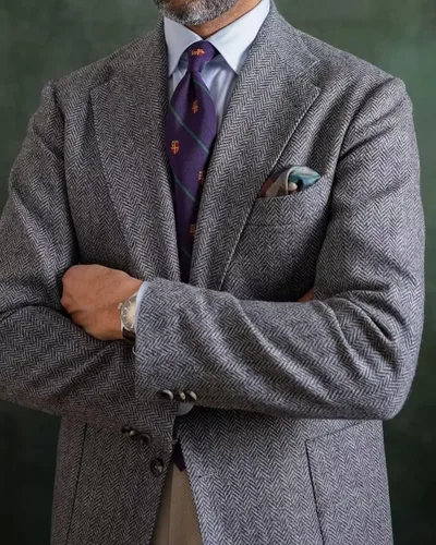Vista 4 de Chaqueta de tweed de espiga para hombre, chaqueta de traje vintage ligera de 2 botones, abrigo deportivo de negocios