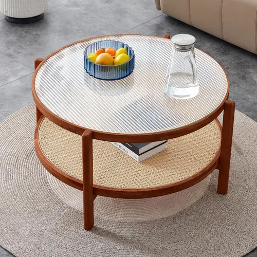 Vista 9 de Mesa de centro de madera de mediados de siglo con soporte de ratán de polietileno, mesa de café redonda de madera maciza de 33.45 pulgadas, mesa
