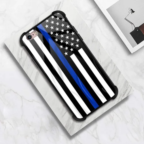Vista 6 de Funda para iPhone 6s, diseño de bandera estadounidense de línea azul para iPhone 6, parte trasera de vidrio templado+funda protectora de TPU