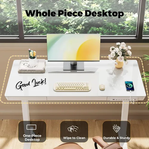 Vista 7 de Escritorio de pie de cristal de 40 pulgadas con cajón Tapa de cristal blanco