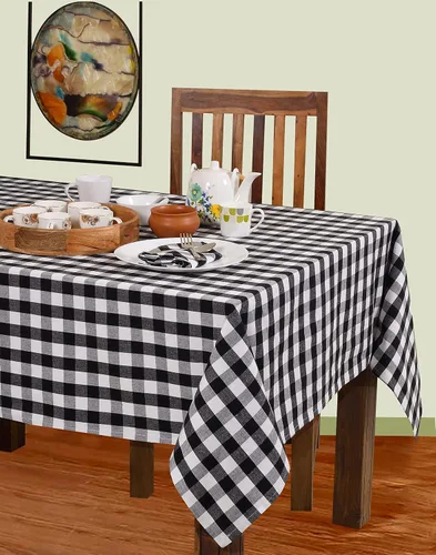 Vista 4 de Urban Villa - Mantel de mesa 100 % algodón, para uso diario, cenas familiares o fiestas en interiores o exteriores, a cuadros, color negro/blanco