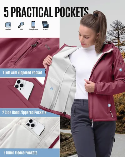 Vista 5 de 33,000ft Chaqueta de softshell para mujer, chaqueta cálida con forro polar, ligera con capucha, impermeable, para senderismo al aire libre Rojo Berry