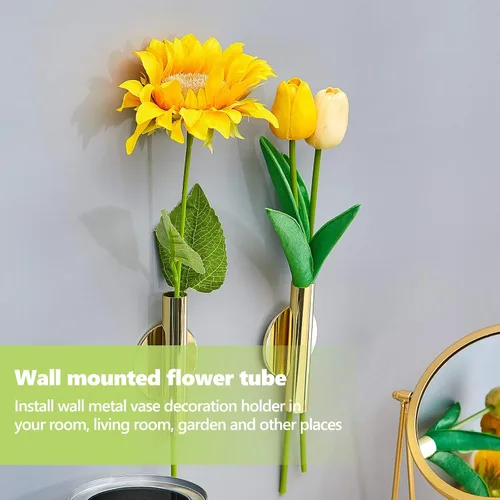Vista 4 de Jetec 3 jarrones de pared de metal dorado para colgar en la pared, macetas para flores, tubo colgante bohemio para exhibir decoración del hogar