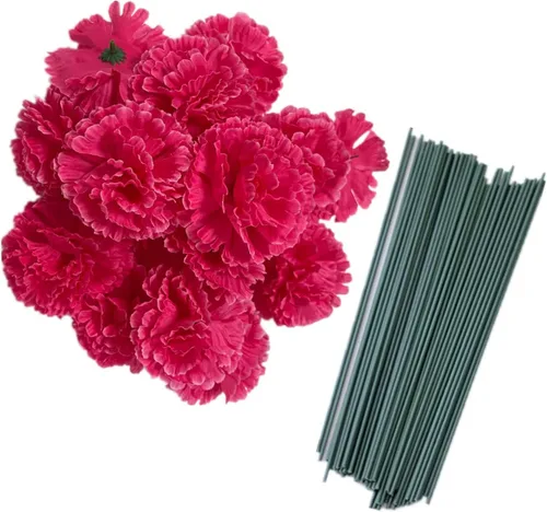 Vista 13 de Rikyo Juego de 50 cabezas de flores de clavel de seda artificial con tallos, rellenos de jarrón para decoración del hogar, fiesta, cumpleaños Champán