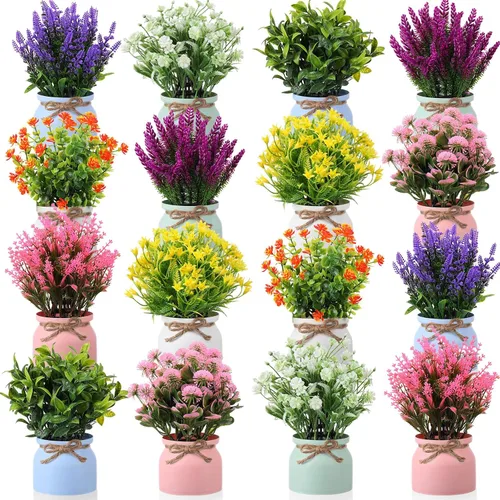 Vista 15 de Cindeer 4 piezas de flores artificiales grandes en maceta, flores artificiales de plástico para decoración del hogar, plantas artificiales