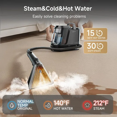 Vista 2 de Uwant Máquina limpiadora de alfombras con sistema de vapor y agua caliente y fría 18 Kpa potente succión de tapicería con limpiador Pet Pro