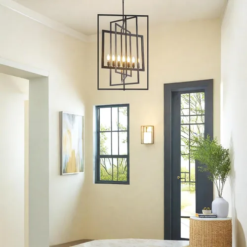 Vista 2 de Candelabro de granja negro, accesorios de luz colgante de farol de 7 luces, accesorios de iluminación de vestíbulo industrial rústico, candelabros