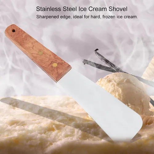 Vista 4 de Pala de helado de acero inoxidable para helado, pala de postre, cortador de mantequilla con mango de madera ergonómico, utensilio de cocina