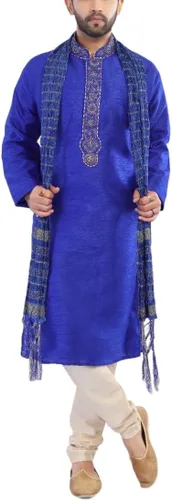 Vista 2 de MKP9007 - Pijama Kurta para hombre azul y marfil, traje indio de Bollywood Sherwani, Azul Patchwork