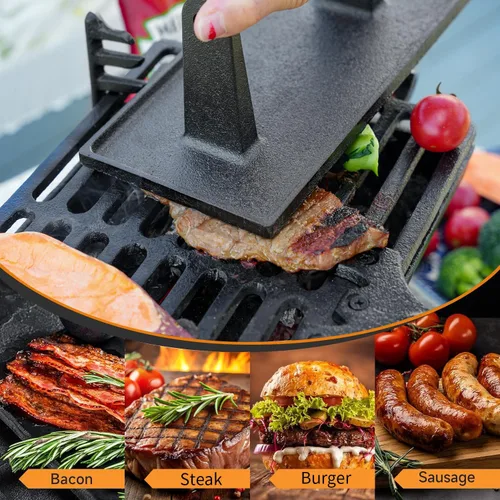 Vista 7 de Sungmor - Prensa de parrilla de hierro fundido resistente, 22.1 cm x 10.9 cm, prensa de hamburguesa rectangular, aplastador de tocino con mango