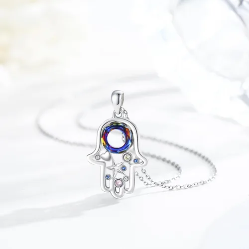 Vista 3 de Hamsa - Collar de plata de ley 925 con colgante de mano de Fátima Hamsa, collar de protección de la suerte para mujer, Plata esterlina, Circón