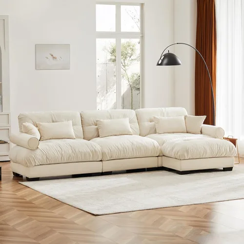 Vista 4 de Otomana color beige y blanco para sofá modular modular, sofá individual, asiento otomano para convertible seccional, sofá de terciopelo para sala