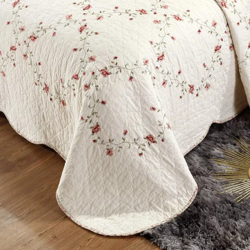 Vista 4 de vctops - Juego de colcha de 3 piezas, elegante, con bordado floral, de tamaño individual, 100% algodón, reversible y de retazos, 1 colcha y 2 fundas