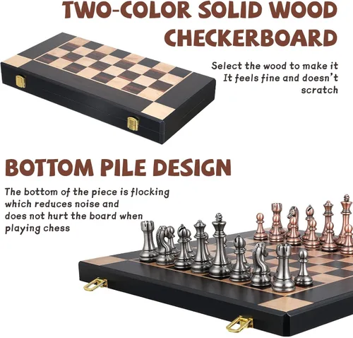 Vista 2 de Juego de ajedrez de metal grande de 15 pulgadas para adultos y niños con piezas de ajedrez de metal, tablero de madera plegable con almacenamiento