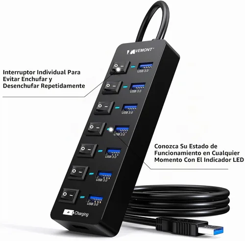 Vista 4 de Hub USB 3.0 alimentado, concentradores VEMONT de 7 puertos múltiples USB y 1 puerto de carga inteligente USB con fuente de alimentación de 5 V/3 A